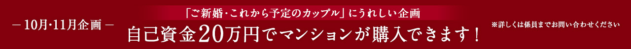 10月・11月企画 ご新婚・これから予定のカップル」にうれしい企画 自己資金20万円でマンションが購入できます！ ※詳しくは係員までお問い合わせください